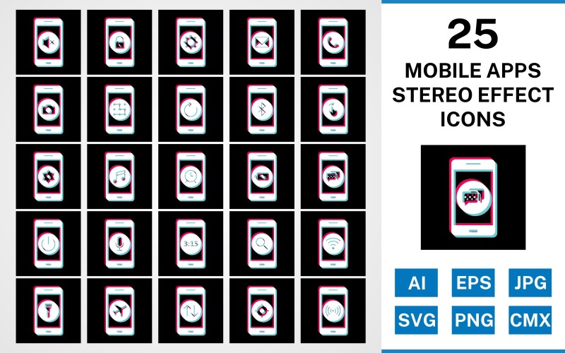 25 mobiele apps stereo-effect icon set
