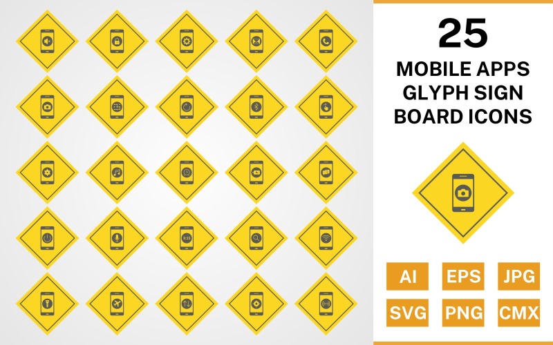 25 Mobil Uygulamalar Glyph Sign Board Icon Set