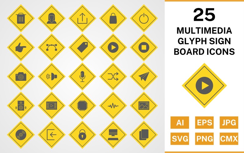 Download Набор иконок "25 Multimedia Glyph Sign Board Icon Set" / 25 Multimedia Glyph Sign Board Icon Set - Набор иконок на тему text set,file,files,icon,icons,glyph,vector,sign,symbol,pictogram,board,multimedia,logout,copy,shuffle,play,stop,upload,speaker,sign in