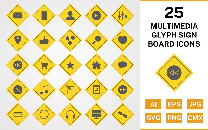 Download Набор иконок "25 Multimedia Glyph Sign Board Icon Set" / 25 Multimedia Glyph Sign Board Icon Set - Набор иконок на тему text set,file,files,icon,icons,glyph,vector,sign,symbol,pictogram,board,multimedia,next,avatar,heart,back,link,monitor,like,envelope