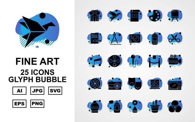 Download Набор иконок "25 Premium Fine Arts Glyph Bubble Icon Pack Set" / 25 Premium Fine Arts Glyph Bubble Icon Pack Set - Набор иконок на тему music column,film reel,gallery,smartphone,pot,perfume,creation,rgb,paper,page,color pad,strategy,document,drawing compass,vinly,scissor,music,microphone,barrie,icon