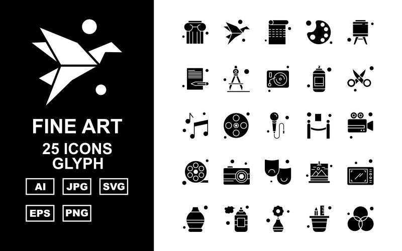 Download Набор иконок "25 Premium Fine Arts Glyph Icon Pack Set" / 25 Premium Fine Arts Glyph Icon Pack Set - Набор иконок на тему music column,film reel,gallery,smartphone,pot,perfume,creation,rgb,paper,page,color pad,strategy,document,drawing compass,vinly,scissor,music,microphone,icon,icons