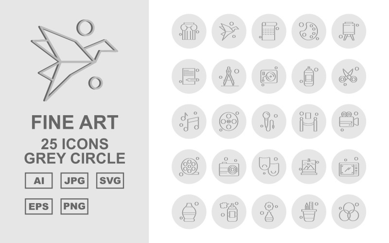 Download Набор иконок "25 Premium Fine Arts Grey Circle Icon Pack Set" / 25 Premium Fine Arts Grey Circle Icon Pack Set - Набор иконок на тему music column,film reel,gallery,smartphone,pot,perfume,creation,rgb,paper,page,color pad,strategy,document,drawing compass,vinly,scissor,music,microphone,barrie,icon