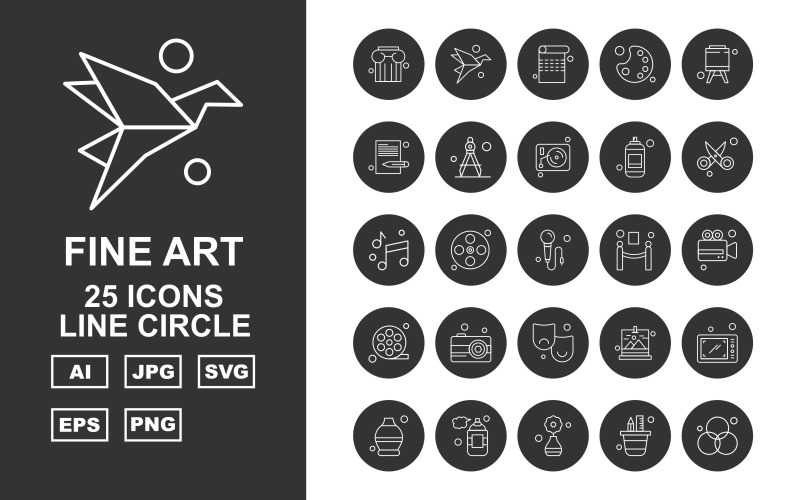 Download Набор иконок "25 Premium Fine Arts Line Circle Icon Pack Set" / 25 Premium Fine Arts Line Circle Icon Pack Set - Набор иконок на тему music column,film reel,gallery,smartphone,pot,perfume,creation,rgb,paper,page,color pad,strategy,document,drawing compass,vinly,scissor,music,microphone,barrie,icon