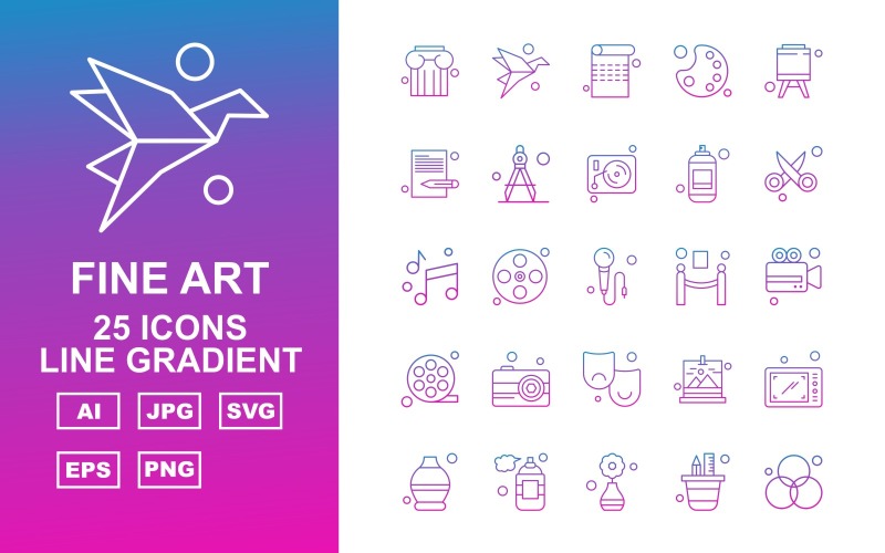 Download Набор иконок "25 Premium Fine Arts Line Gradient Icon Pack Set" / 25 Premium Fine Arts Line Gradient Icon Pack Set - Набор иконок на тему music column,film reel,gallery,smartphone,pot,perfume,creation,rgb,paper,page,color pad,strategy,document,drawing compass,vinly,scissor,music,microphone,barrie,icon