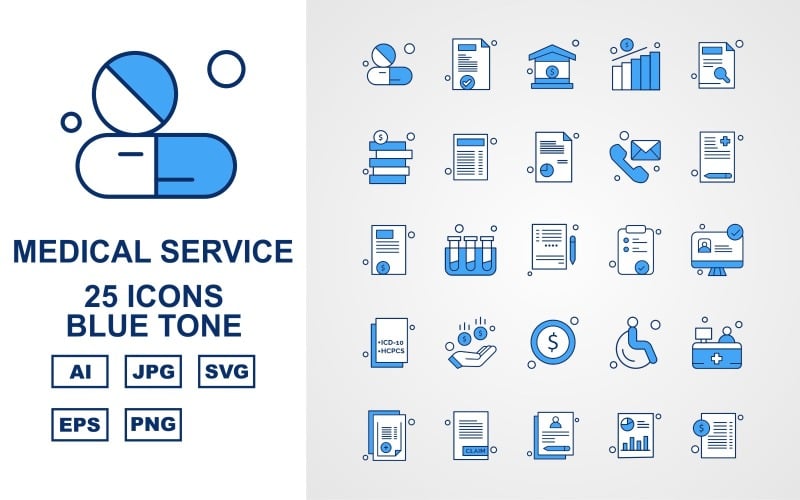 Download Набор иконок "25 Premium Medical Service Blue Tone Icon Pack Set" / 25 Premium Medical Service Blue Tone Icon Pack Set - Набор иконок на тему medical medical capsule,test tube,patient,reception,report,document,bar graph,home,chart,coin,telephone,notepad,lcd,donuts,icon,icons
