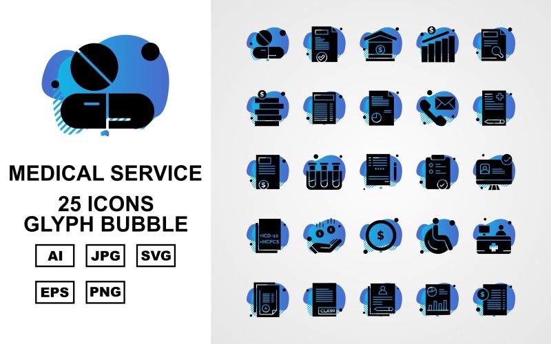Download Набор иконок "25 Premium Medical Service Glyph Bubble Icon Pack Set" / 25 Premium Medical Service Glyph Bubble Icon Pack Set - Набор иконок на тему medical medical capsule,test tube,patient,reception,report,document,bar graph,home,chart,coin,telephone,notepad,lcd,donuts,icon,icons