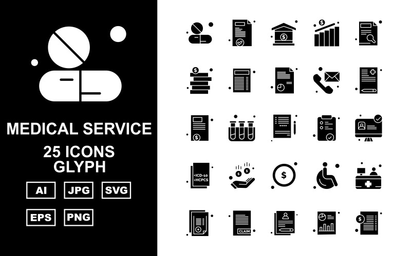 Download Набор иконок "25 Premium Medical Service Glyph Icon Pack Set" / 25 Premium Medical Service Glyph Icon Pack Set - Набор иконок на тему medical medical capsule,test tube,patient,reception,report,document,bar graph,home,chart,coin,telephone,notepad,lcd,donuts,icon,icons