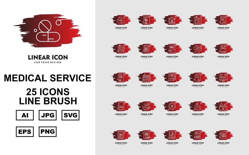 Download Набор иконок "25 Premium Medical Service Line Brush Icon Pack Set" / 25 Premium Medical Service Line Brush Icon Pack Set - Набор иконок на тему medical medical capsule,test tube,patient,reception,report,document,bar graph,home,chart,coin,telephone,notepad,lcd,donuts,icon,icons