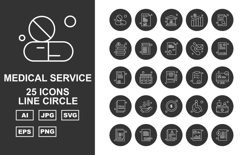 Download Набор иконок "25 Premium Medical Service Line Circle Icon Pack Set" / 25 Premium Medical Service Line Circle Icon Pack Set - Набор иконок на тему medical medical capsule,test tube,patient,reception,report,document,bar graph,home,chart,coin,telephone,notepad,lcd,donuts,icon,icons