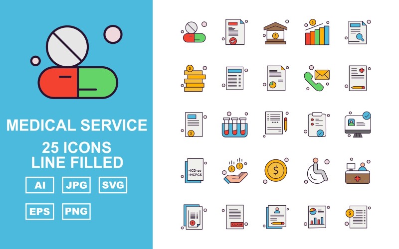 Download Набор иконок "25 Premium Medical Service Line Filled Icon Pack Set" / 25 Premium Medical Service Line Filled Icon Pack Set - Набор иконок на тему medical medical capsule,test tube,patient,reception,report,document,bar graph,home,chart,coin,telephone,notepad,lcd,donuts,icon,icons