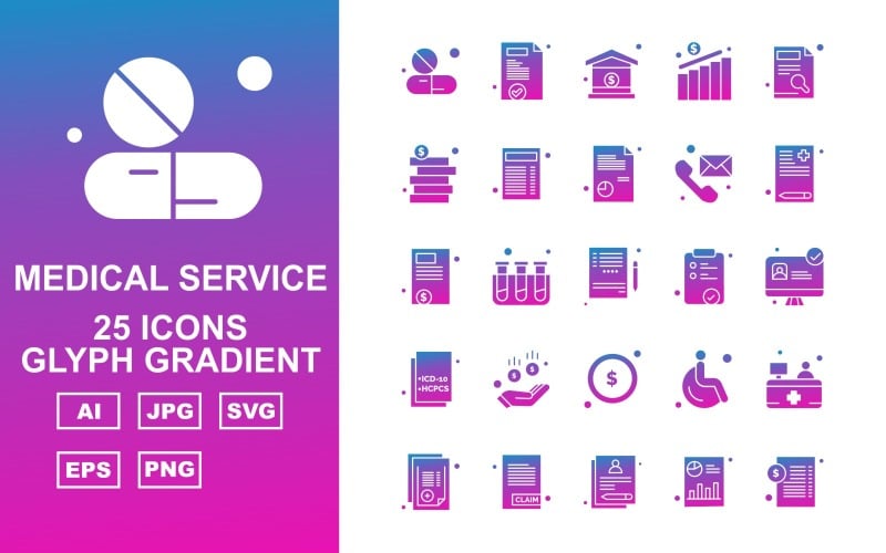 Download Набор иконок "25 Premium Medical Service Line Gradient Icon Pack Set" / 25 Premium Medical Service Line Gradient Icon Pack Set - Набор иконок на тему medical medical capsule,test tube,patient,reception,report,document,bar graph,home,chart,coin,telephone,notepad,lcd,donuts,icon,icons