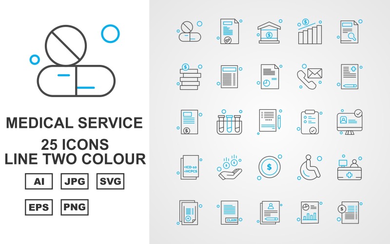 Download Набор иконок "25 Premium Medical Service Line Two Color Icon Pack Set" / 25 Premium Medical Service Line Two Color Icon Pack Set - Набор иконок на тему medical medical capsule,test tube,patient,reception,report,document,bar graph,home,chart,coin,telephone,notepad,lcd,donuts,icon,icons