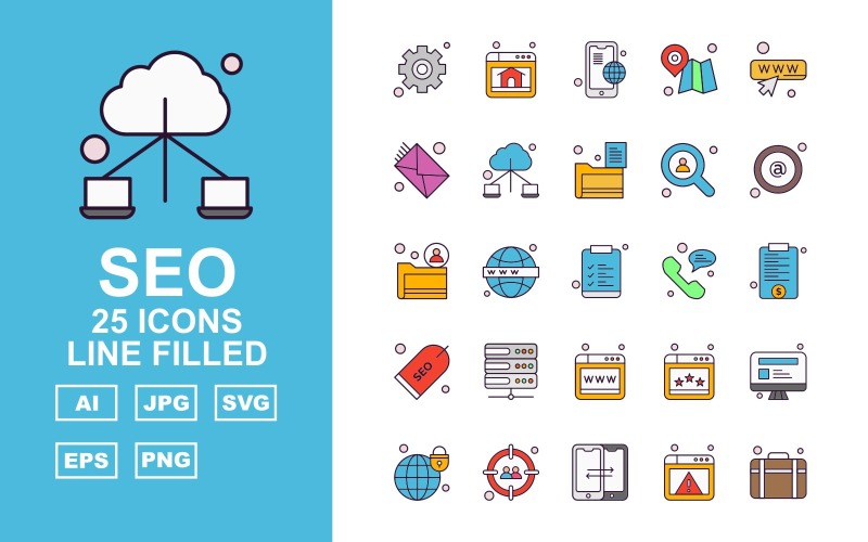 Download Набор иконок "25 Premium SEO Line Filled Icon Pack Set" / 25 Premium SEO Line Filled Icon Pack Set - Набор иконок на тему business setting,earth,website,lcd,aim,forward,browser,briefcase,mobile,gps,search,mail,connection,folder,at the rate sign,document,bubble,label,server,icon