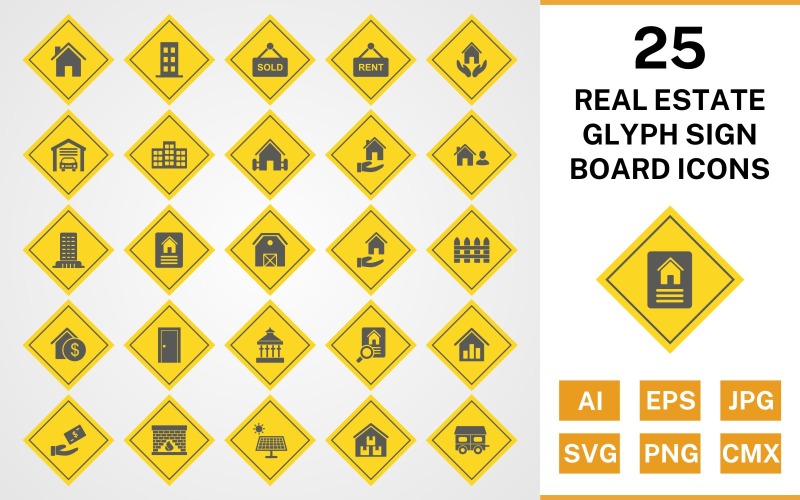 Download Набор иконок "25 Real Estate Glyph Sign Board Icon Set" / 25 Real Estate Glyph Sign Board Icon Set - Набор иконок на тему text set,file,files,icon,icons,glyph,vector,sign,symbol,pictogram,board,real estate,house,garage,building,farm house,loan,agent,flat,mortgage