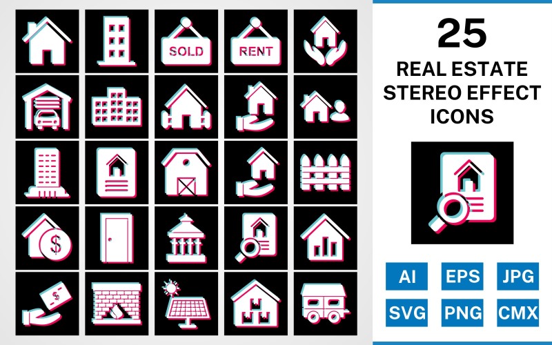 Download Набор иконок "25 Real Estate Stereo Effect Icon Set" / 25 Real Estate Stereo Effect Icon Set - Набор иконок на тему city set,file,stereo,icon,icons,glyph,vector,sign,symbol,pictogram,effect,real estate,house,garage,building,farm house,loan,agent,flat,mortgage
