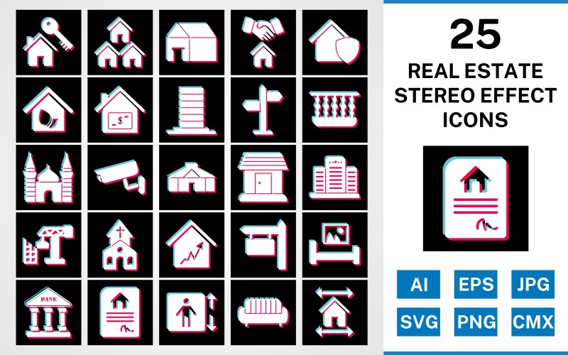 Download Набор иконок "25 Real Estate Stereo Effect Icon Set" / 25 Real Estate Stereo Effect Icon Set - Набор иконок на тему city set,file,stereo,icon,icons,glyph,vector,sign,symbol,pictogram,effect,real estate,mosque,church,balcony,mansion,eco house,lift,yurt,bank