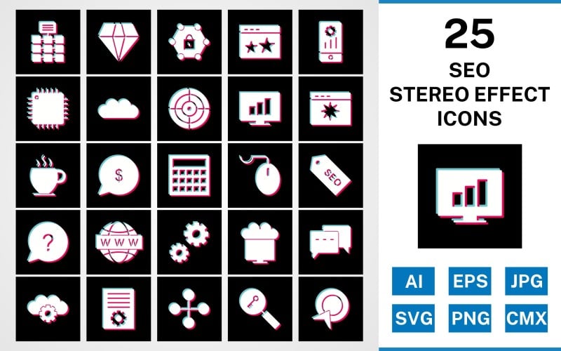Download Набор иконок "25 Seo Stereo Effect Icon Set" / 25 Seo Stereo Effect Icon Set - Набор иконок на тему network set,file,stereo,icon,icons,glyph,vector,sign,symbol,pictogram,effect,seo,network,settings,stats,diamond,conversation,starred,target,processor
