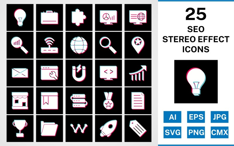 25 Seo Stereoeffekt Ikonuppsättning