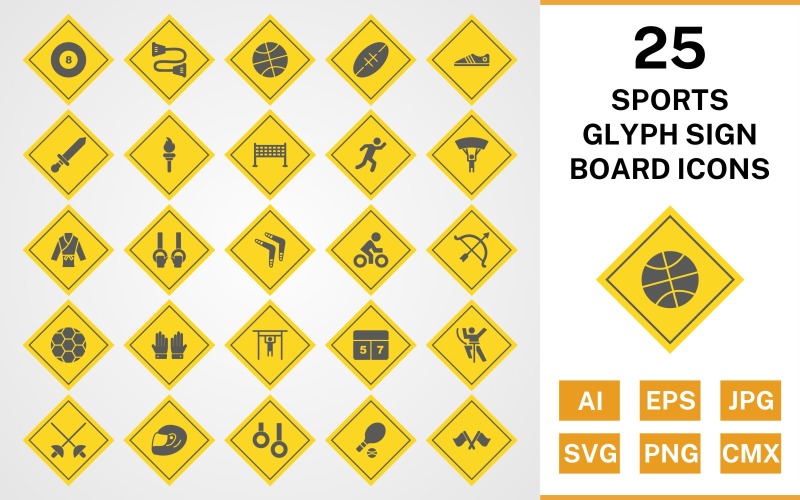 25 Sport och spel Glyph Sign Board Ikonuppsättning