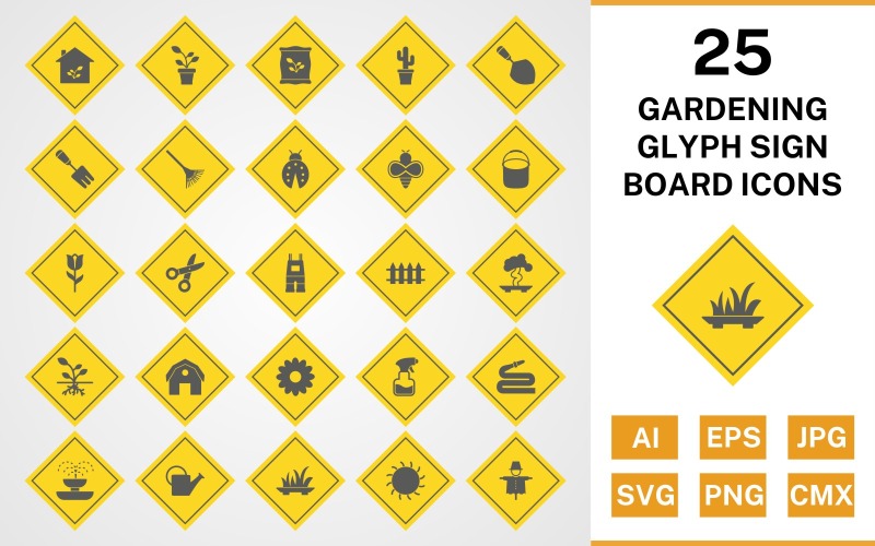 25 Trädgårdsskötsel Glyph Sign Board Ikonuppsättning