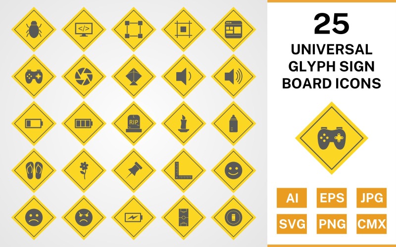 25 Universal Glyph Sign Board Ikonuppsättning