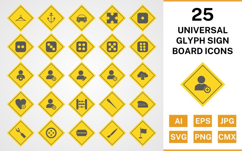 25 Universal Glyph Sign Board Ikonuppsättning