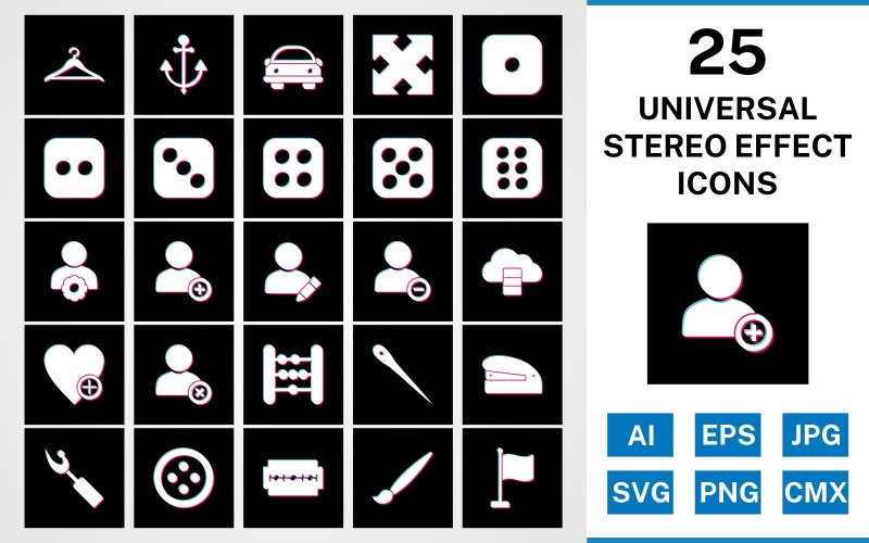 Download Набор иконок "25 Universal Stereo Effect Icon Set" / 25 Universal Stereo Effect Icon Set - Набор иконок set,file,stereo,icon,icons,glyph,vector,sign,symbol,pictogram,effect,universal,hanger,dice six,flag,needle,edit profile,staper,button,blade