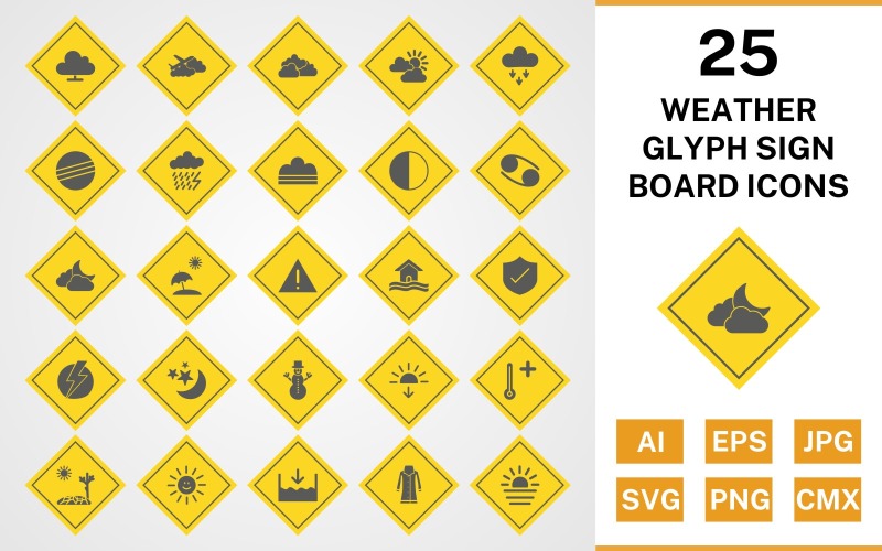 Download Набор иконок "25 Weather Glyph Sign Board Icon Set" / 25 Weather Glyph Sign Board Icon Set - Набор иконок на тему weather set,file,files,icon,icons,glyph,vector,sign,symbol,pictogram,weather,cloudy,hot,sunset,sheild,fog,beach umbella,snowman,dark ray,board