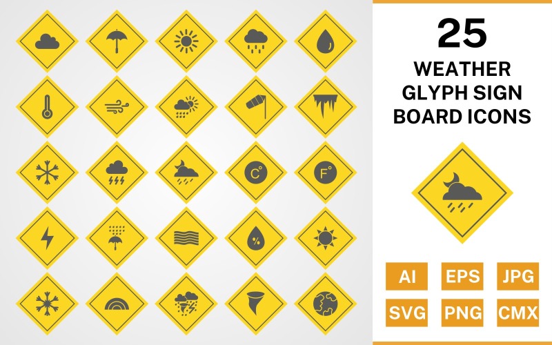 Download Набор иконок "25 Weather Glyph Sign Board Icon Set" / 25 Weather Glyph Sign Board Icon Set - Набор иконок на тему weather set,file,files,icon,icons,glyph,vector,sign,symbol,pictogram,board,weather,cloud,rain,sun,tornado,rainbow,windy,rain drop,temparature