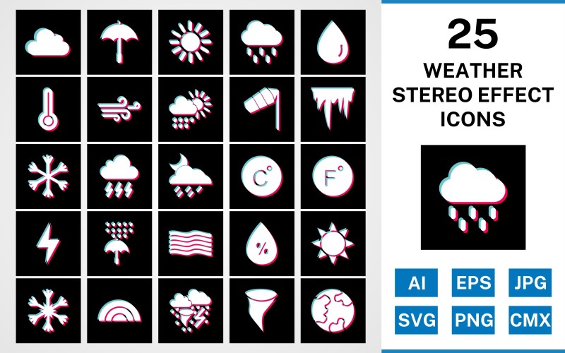 Download Набор иконок "25 Weather Stereo Effect Icon Set" / 25 Weather Stereo Effect Icon Set - Набор иконок на тему weather set,file,stereo,icon,icons,glyph,vector,sign,symbol,pictogram,effect,weather,cloud,rain,sun,tornado,rainbow,windy,rain drop,temparature