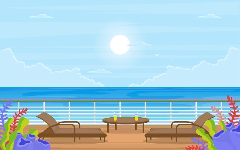 Download Иллюстрация "Blue Ocean Landscape - Illustration" / Blue Ocean Landscape - Illustration - Иллюстрация на тему графика ship,cruise,deck,vector,seagull,background,ocean,passenger,sea,style,summer,view,landscape,front,adventure,sailing,horizon,cloud,season,day