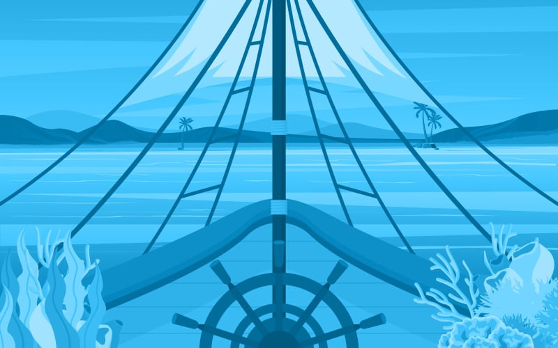 Download Иллюстрация "Captain Ship Wheel - Illustration" / Captain Ship Wheel - Illustration - Иллюстрация на тему графика ship,cruise,deck,vector,seagull,background,ocean,passenger,sea,style,summer,view,landscape,front,adventure,sailing,horizon,cloud,season,day