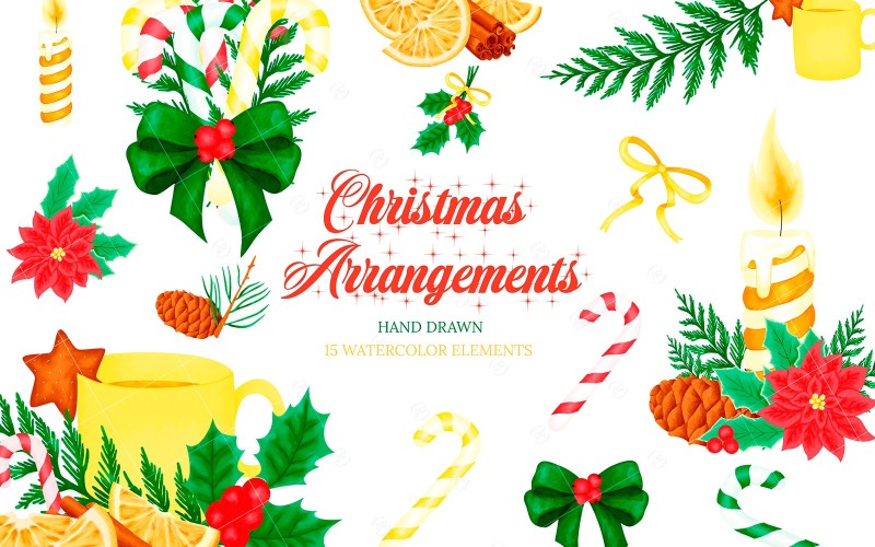 Download Иллюстрация "Christmas Arrangements Clipart - Illustration" / Christmas Arrangements Clipart - Illustration - Иллюстрация на тему графика christmas arrangements clipart,christmas watercolor clipart,winter watercolor clipart,christmas decoration,christmas greeting card,christmas candy clipart,mistletoe clipart,pine cone clipart,