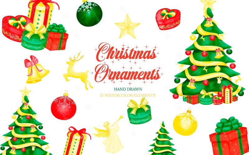 Download Иллюстрация "Christmas Presents and Ornaments Clipart - Illustration" / Christmas Presents and Ornaments Clipart - Illustration - Иллюстрация на тему графика christmas ornaments clipart,christmas tree clipart,winter watercolor clipart,christmas balls,christmas presents,christmas greeting card,christmas star,christmas bells,reindeer,angel,pine tree