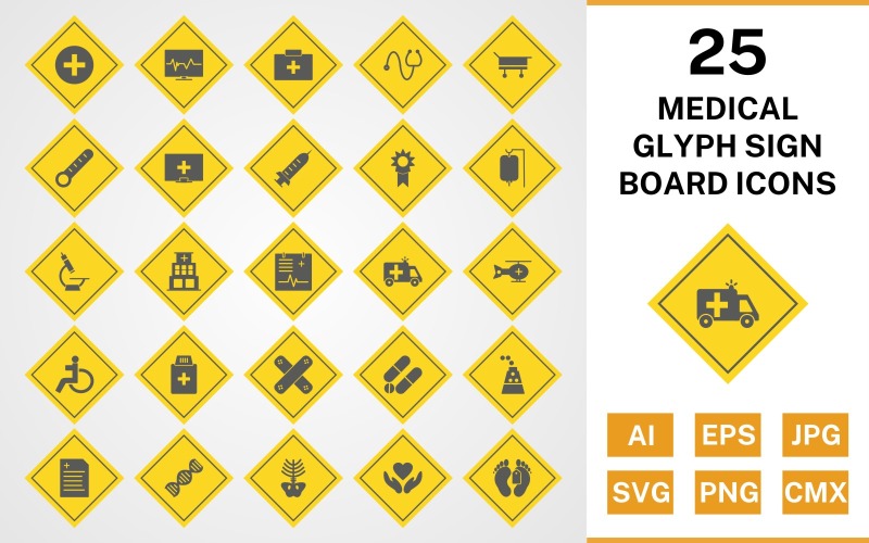 25 Conjunto de ícones de placa de sinal de glifo médico