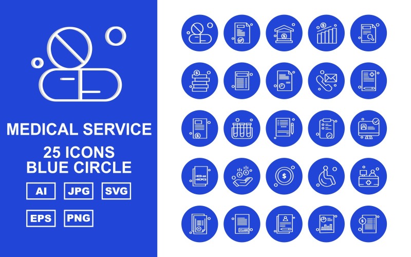 Conjunto de paquete de iconos de círculo azul de servicio médico premium 25