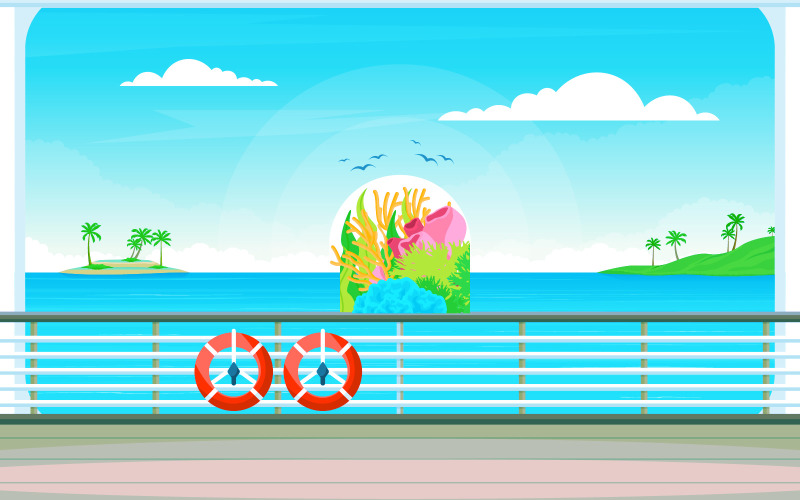 Download Иллюстрация "Cruise Deck View - Illustration" / Cruise Deck View - Illustration - Иллюстрация на тему графика ship,cruise,deck,vector,seagull,background,ocean,passenger,sea,style,summer,view,landscape,front,adventure,sailing,horizon,cloud,season,day