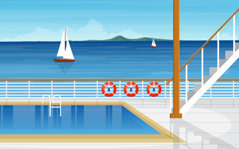 Download Иллюстрация "Cruise Pool Landscape - Illustration" / Cruise Pool Landscape - Illustration - Иллюстрация на тему графика ship,cruise,deck,vector,seagull,background,ocean,passenger,sea,style,summer,view,landscape,front,adventure,sailing,horizon,cloud,season,day