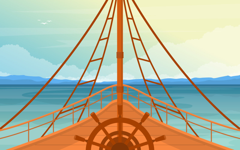 Download Иллюстрация "Cruise Ship Wheel - Illustration" / Cruise Ship Wheel - Illustration - Иллюстрация на тему графика ship,cruise,deck,vector,seagull,background,ocean,passenger,sea,style,summer,view,landscape,front,adventure,sailing,horizon,cloud,season,day