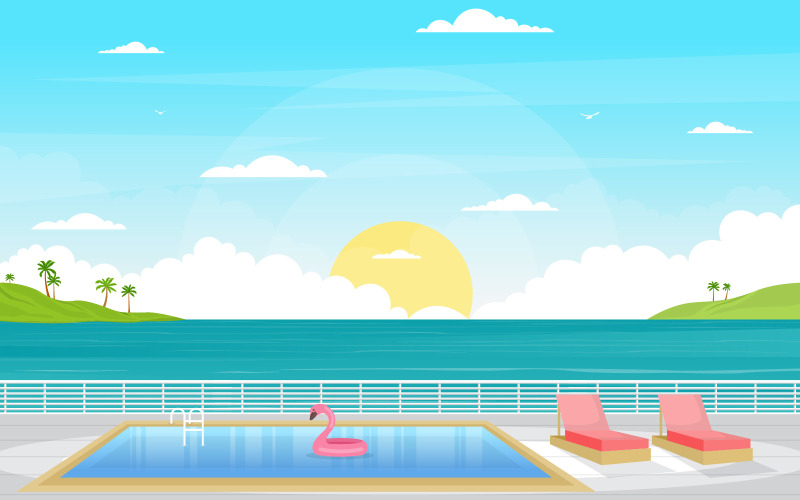 Download Иллюстрация "Cruise Swimming Pool - Illustration" / Cruise Swimming Pool - Illustration - Иллюстрация на тему графика ship,cruise,deck,vector,seagull,background,ocean,passenger,sea,style,summer,view,landscape,front,adventure,sailing,horizon,cloud,season,day