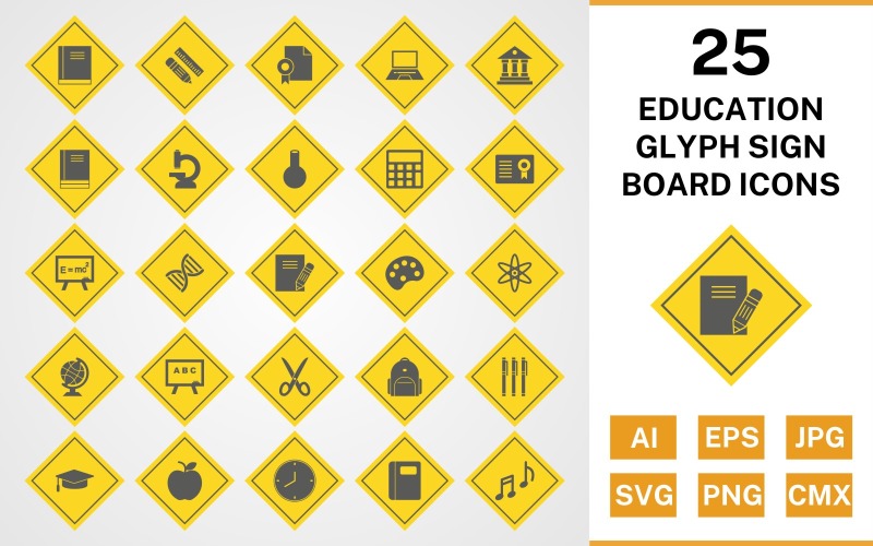 Download Набор иконок "25 Education Glyph Sign Board Icon Set" / 25 Education Glyph Sign Board Icon Set - Набор иконок на тему text set,file,files,icon,icons,glyph,vector,sign,symbol,pictogram,board,education,books,bagpack,notebook,flask,microscope,notes,markers,calculator