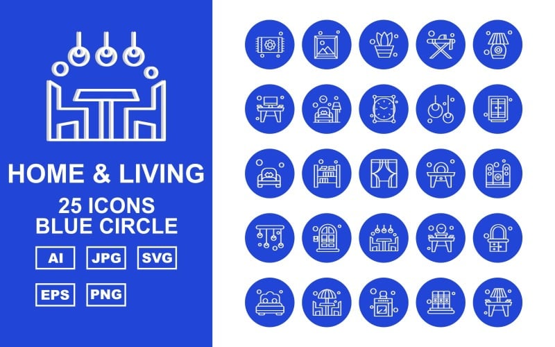 Ensemble de 25 packs d'icônes Premium Home And Living Blue Circle