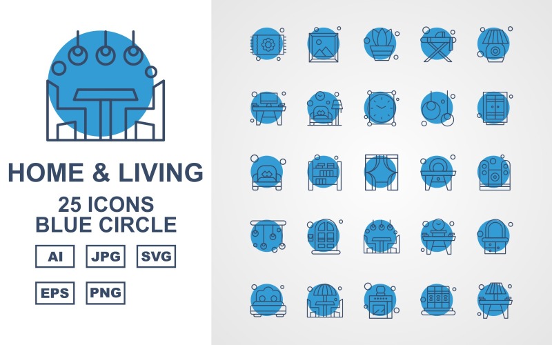 Ensemble de 25 packs d'icônes Premium Home And Living Blue Circle