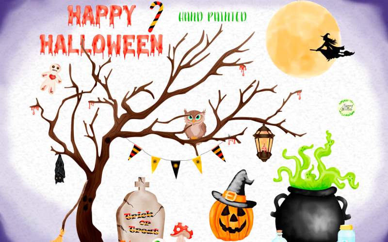 Download Иллюстрация "Halloween Watercolor Clipart - Illustration" / Halloween Watercolor Clipart - Illustration - Иллюстрация на тему графика watercolor halloween clipart,autumn clipart,pumpkin,witch,bat,owl,party flags,mushroom,candy,greeting card,kids halloween prints,halloween greeting card,holiday clipart,halloween decoration,i
