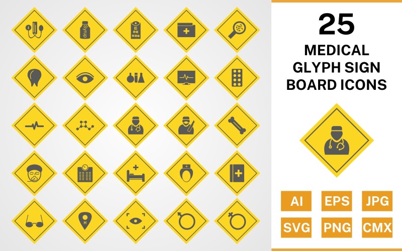 Download Набор иконок "25 Medical Glyph Sign Board Icon Set" / 25 Medical Glyph Sign Board Icon Set - Набор иконок на тему medical set,file,files,icon,icons,glyph,vector,sign,symbol,pictogram,board,medical,doctor,nurse,bed,scan,eye test,bp apparatus,bone,tablets