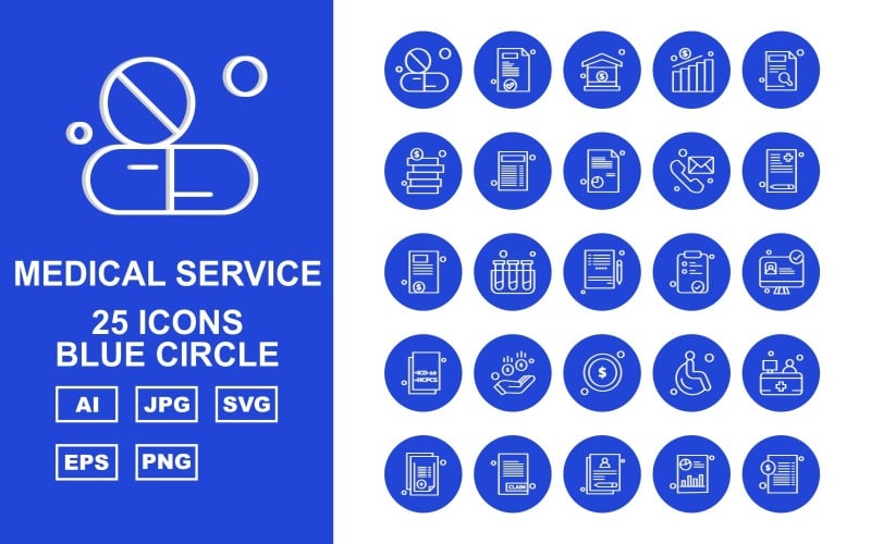 Набор из 25 значков с синим кругом премиум-класса для медицинских услуг