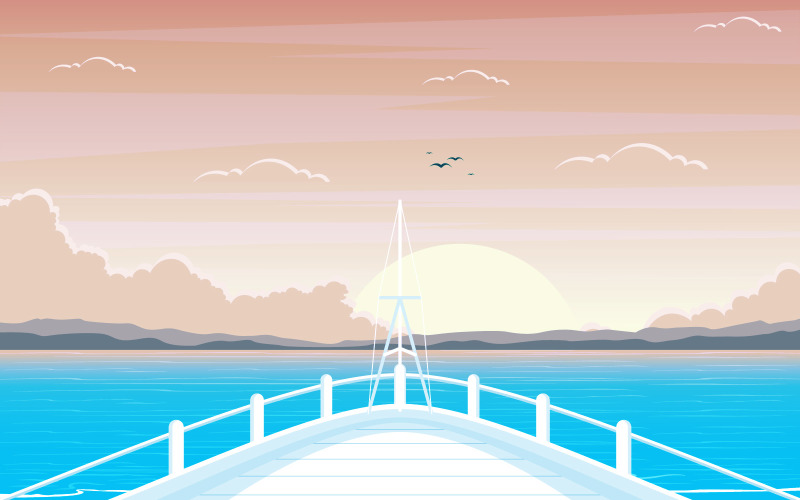 Download Иллюстрация "Ocean Sea Landscape - Illustration" / Ocean Sea Landscape - Illustration - Иллюстрация на тему графика ship,cruise,deck,vector,seagull,background,ocean,passenger,sea,style,summer,view,landscape,front,adventure,sailing,horizon,cloud,season,day