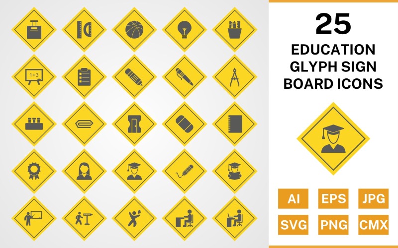 25 Onderwijs Glyph Sign Board Icon Set