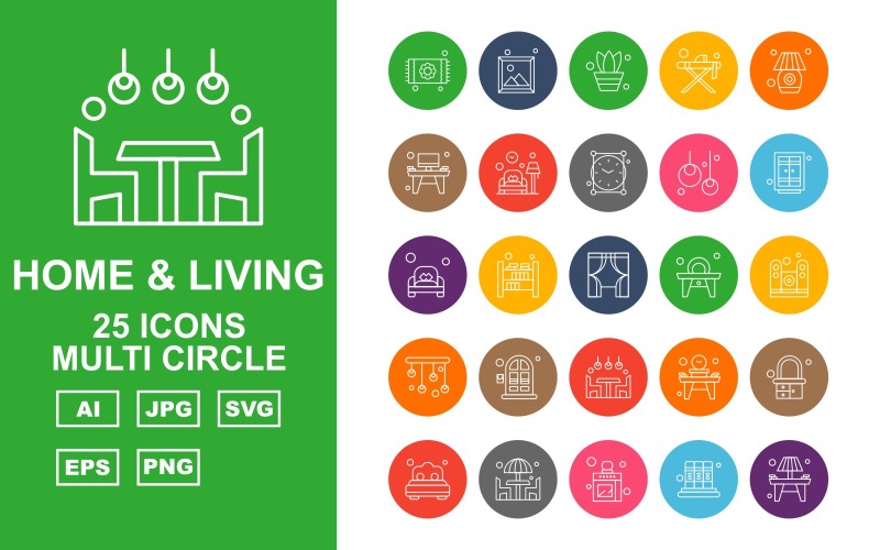 25 премиальных наборов иконок для дома и проживания Multi Circle Icon Pack